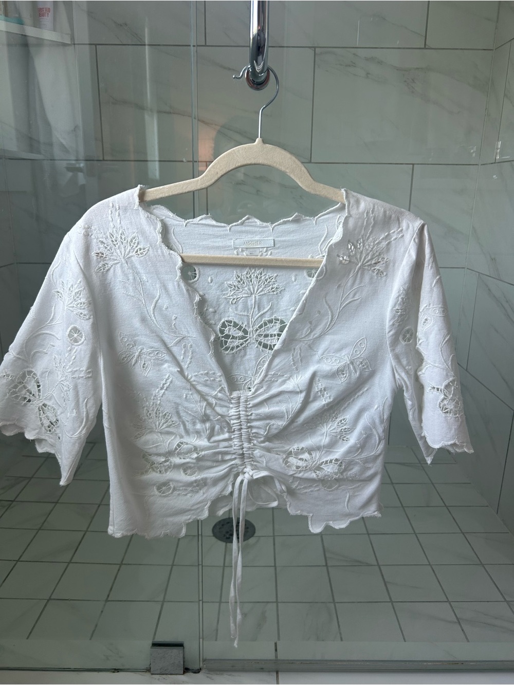 MOTHER White Eyelet Ruched Drawstring Crop Top